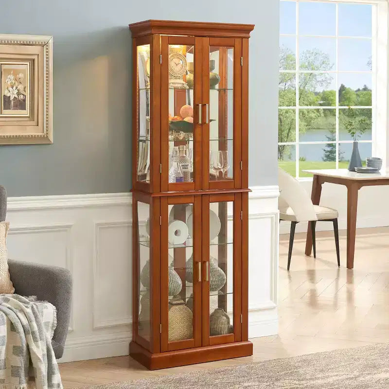 Cabinet, Curio Cabinet with 6 Adjustable Shelves and Tempered Glass Doors, Tall Cabinet for Living Room, Bedroom