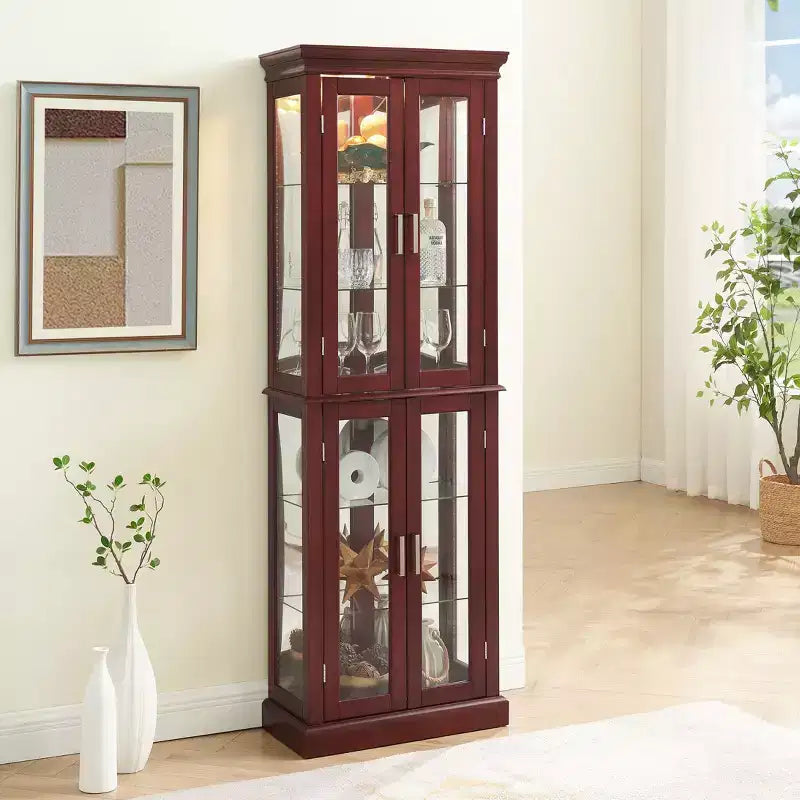 Cabinet, Curio Cabinet with 6 Adjustable Shelves and Tempered Glass Doors, Tall Cabinet for Living Room, Bedroom