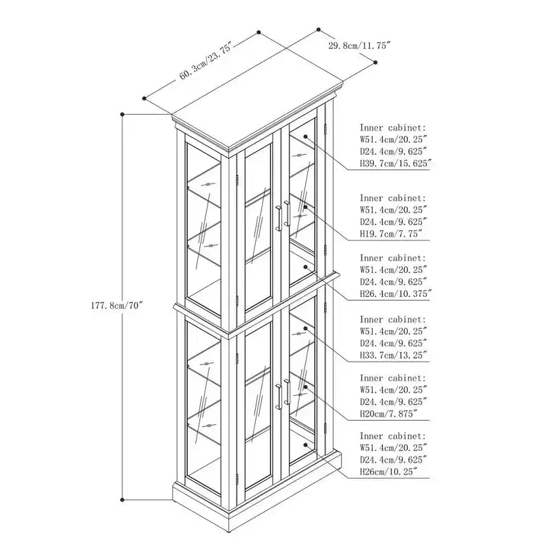 Cabinet, Curio Cabinet with 6 Adjustable Shelves and Tempered Glass Doors, Tall Cabinet for Living Room, Bedroom
