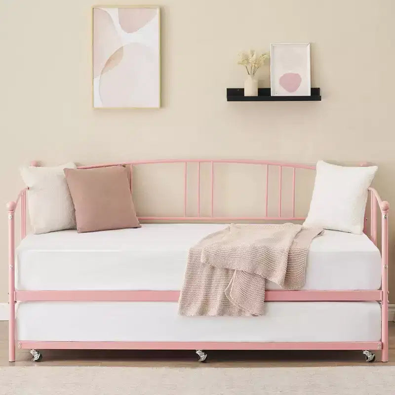Twin Size Metal Daybed with Trundle, Pull Out Trundle Bed Frame with Arched Headboard, Guest Sofa Bed with Steel Slat Support