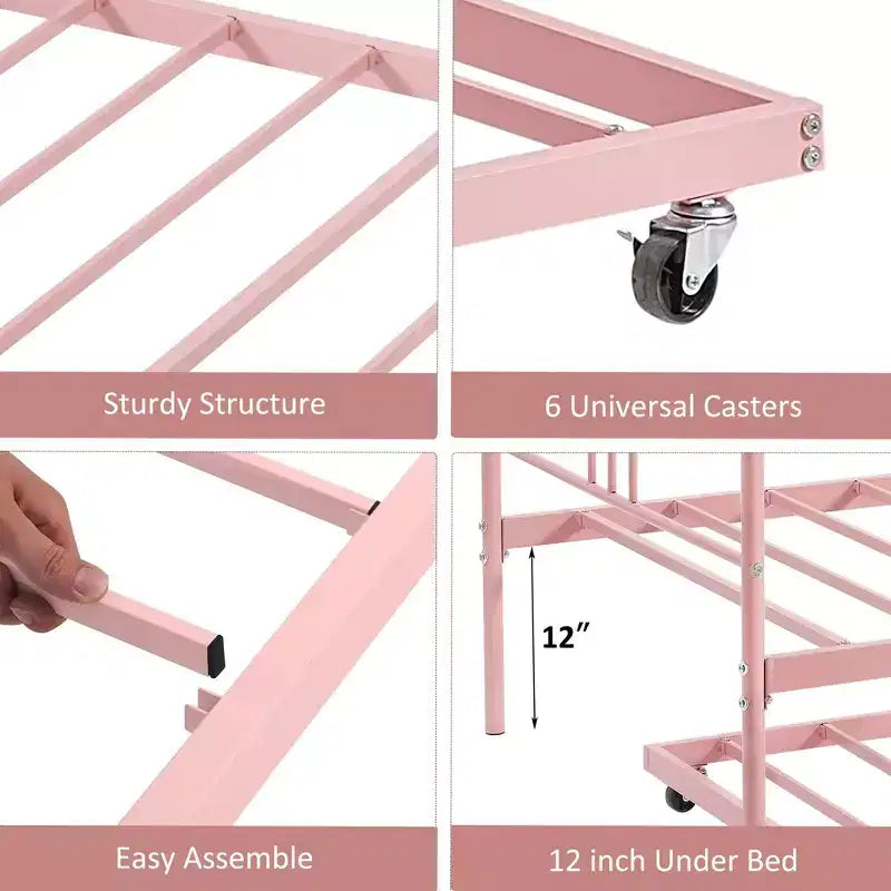 Twin Size Metal Daybed with Trundle, Pull Out Trundle Bed Frame with Arched Headboard, Guest Sofa Bed with Steel Slat Support
