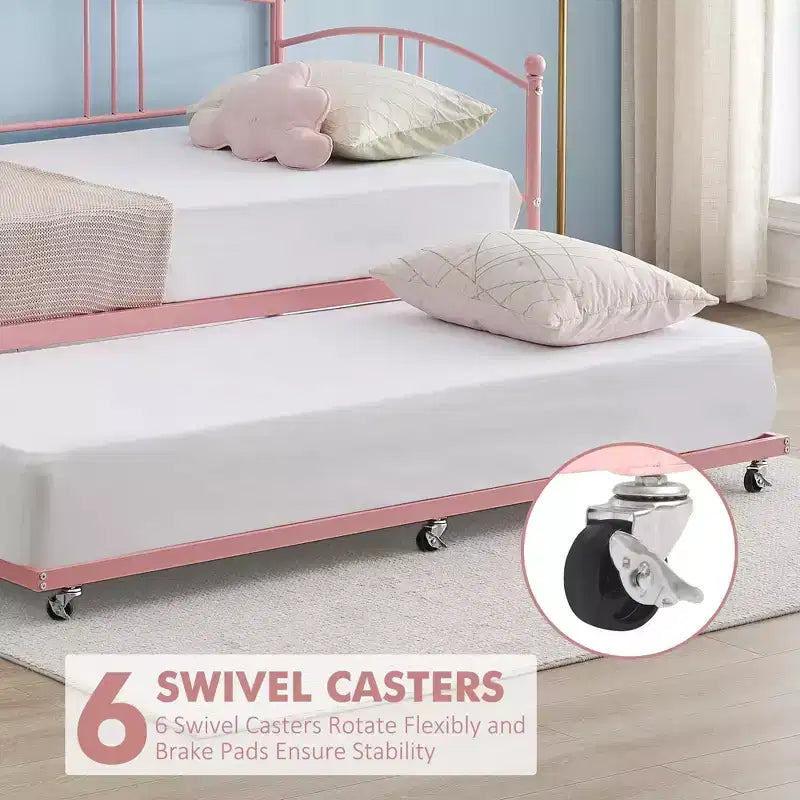 Twin Size Metal Daybed with Trundle, Pull Out Trundle Bed Frame with Arched Headboard, Guest Sofa Bed with Steel Slat Support