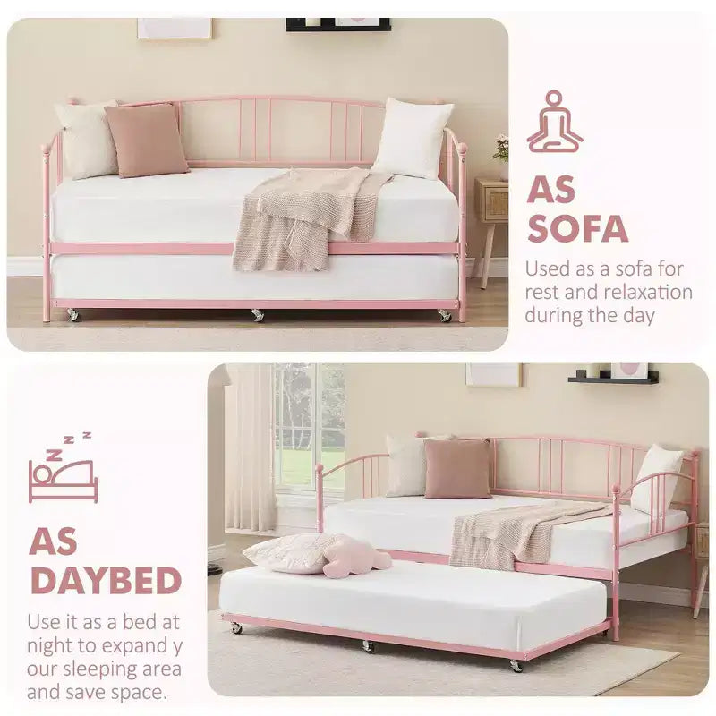 Twin Size Metal Daybed with Trundle, Pull Out Trundle Bed Frame with Arched Headboard, Guest Sofa Bed with Steel Slat Support