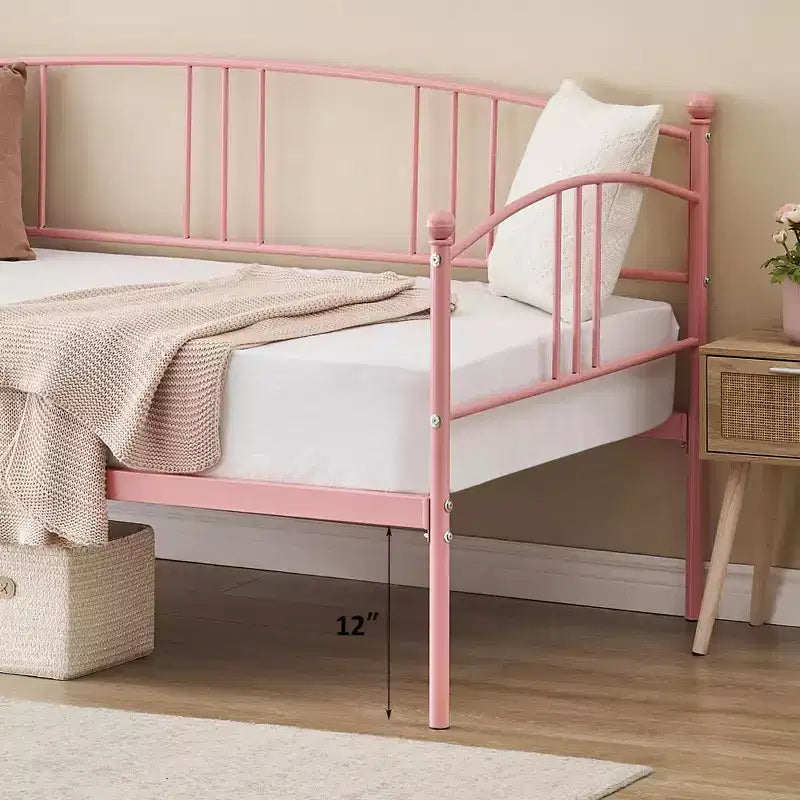Twin Size Metal Daybed with Trundle, Pull Out Trundle Bed Frame with Arched Headboard, Guest Sofa Bed with Steel Slat Support