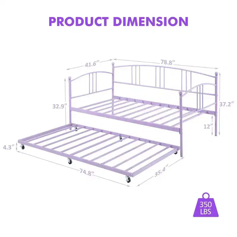 Twin Size Metal Daybed with Trundle, Pull Out Trundle Bed Frame with Arched Headboard, Guest Sofa Bed with Steel Slat Support