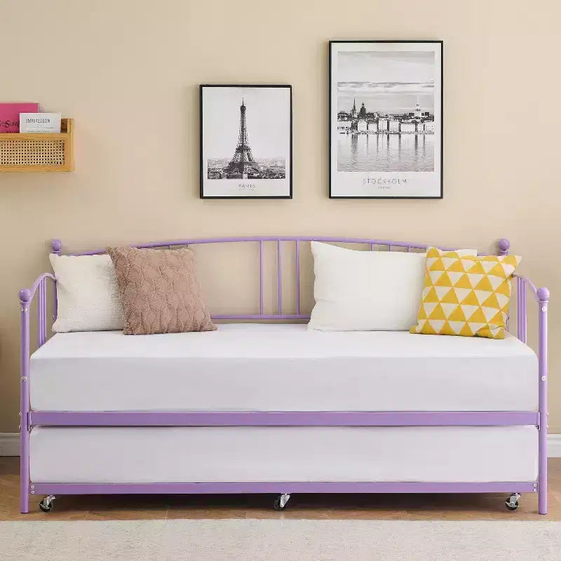 Twin Size Metal Daybed with Trundle, Pull Out Trundle Bed Frame with Arched Headboard, Guest Sofa Bed with Steel Slat Support
