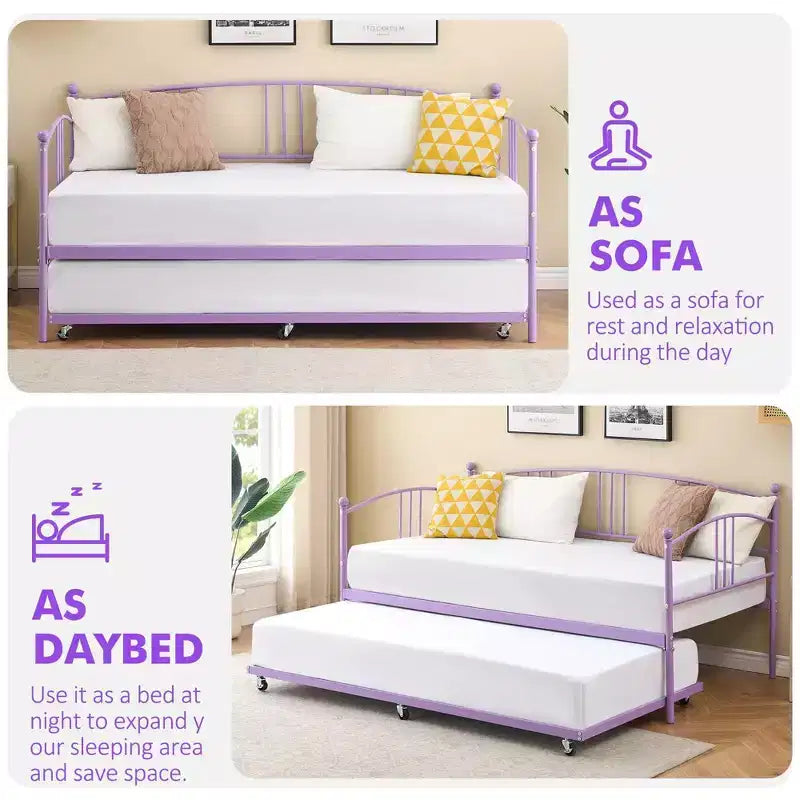 Twin Size Metal Daybed with Trundle, Pull Out Trundle Bed Frame with Arched Headboard, Guest Sofa Bed with Steel Slat Support