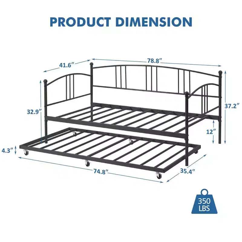 Twin Size Metal Daybed with Trundle, Pull Out Trundle Bed Frame with Arched Headboard, Guest Sofa Bed with Steel Slat Support