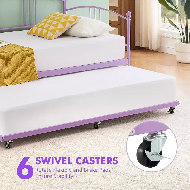 Twin Size Metal Daybed with Trundle, Pull Out Trundle Bed Frame with Arched Headboard, Guest Sofa Bed with Steel Slat Support