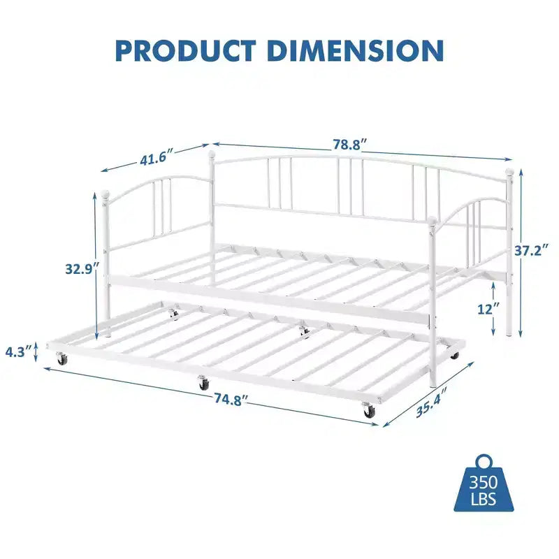Twin Size Metal Daybed with Trundle, Pull Out Trundle Bed Frame with Arched Headboard, Guest Sofa Bed with Steel Slat Support