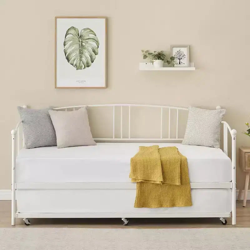 Twin Size Metal Daybed with Trundle, Pull Out Trundle Bed Frame with Arched Headboard, Guest Sofa Bed with Steel Slat Support