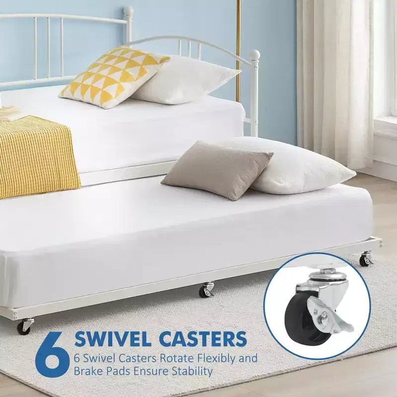 Twin Size Metal Daybed with Trundle, Pull Out Trundle Bed Frame with Arched Headboard, Guest Sofa Bed with Steel Slat Support