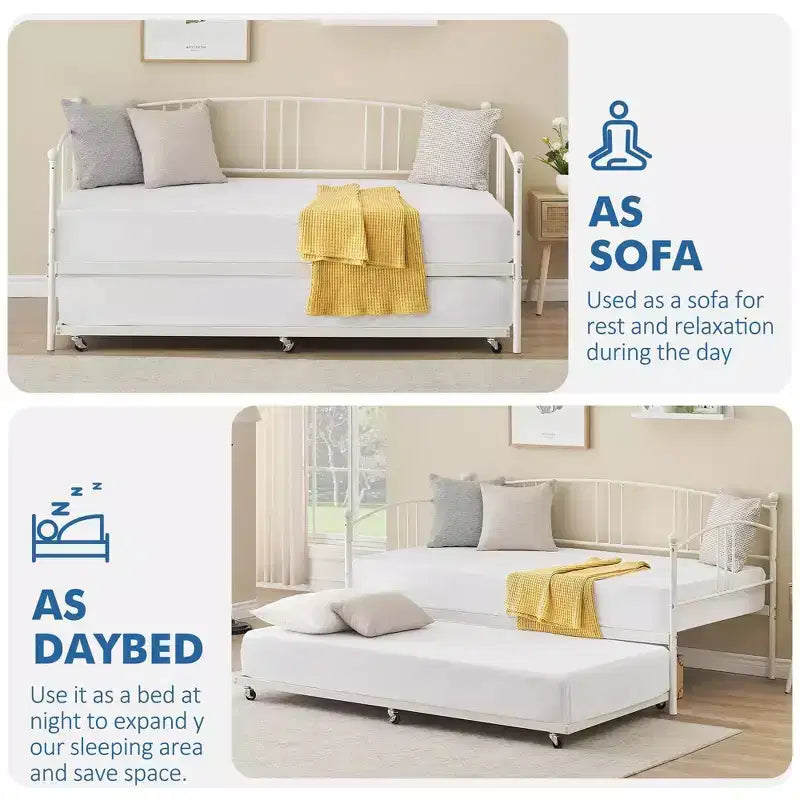 Twin Size Metal Daybed with Trundle, Pull Out Trundle Bed Frame with Arched Headboard, Guest Sofa Bed with Steel Slat Support
