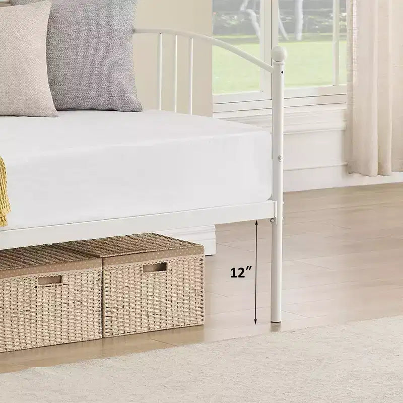 Twin Size Metal Daybed with Trundle, Pull Out Trundle Bed Frame with Arched Headboard, Guest Sofa Bed with Steel Slat Support