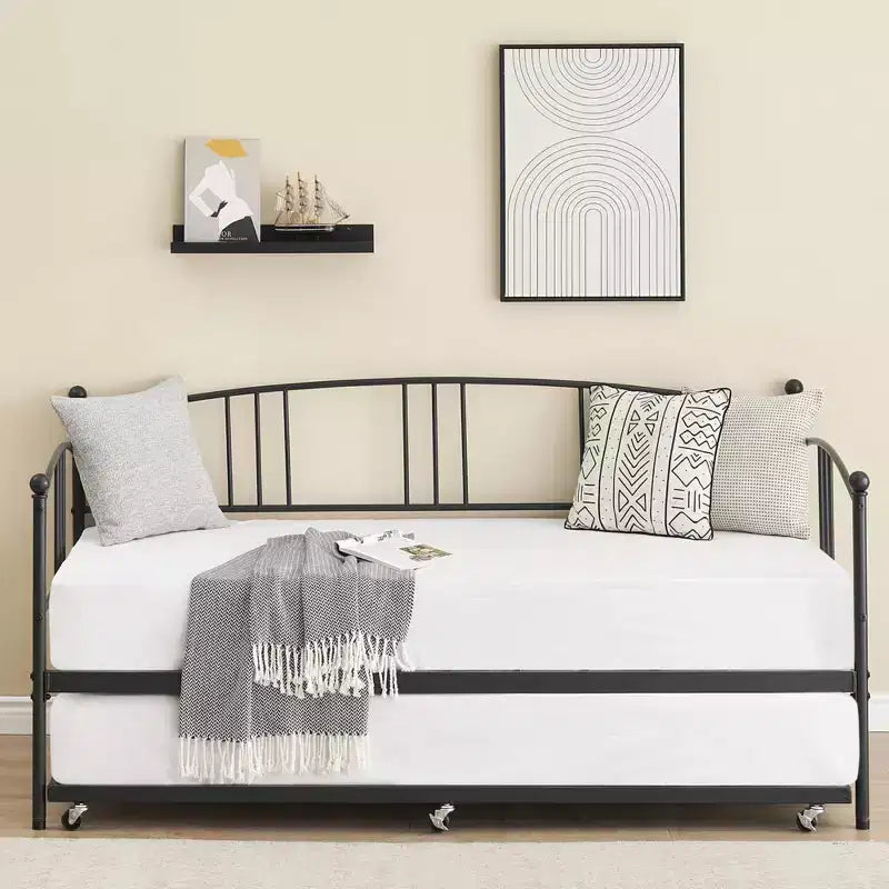 Twin Size Metal Daybed with Trundle, Pull Out Trundle Bed Frame with Arched Headboard, Guest Sofa Bed with Steel Slat Support