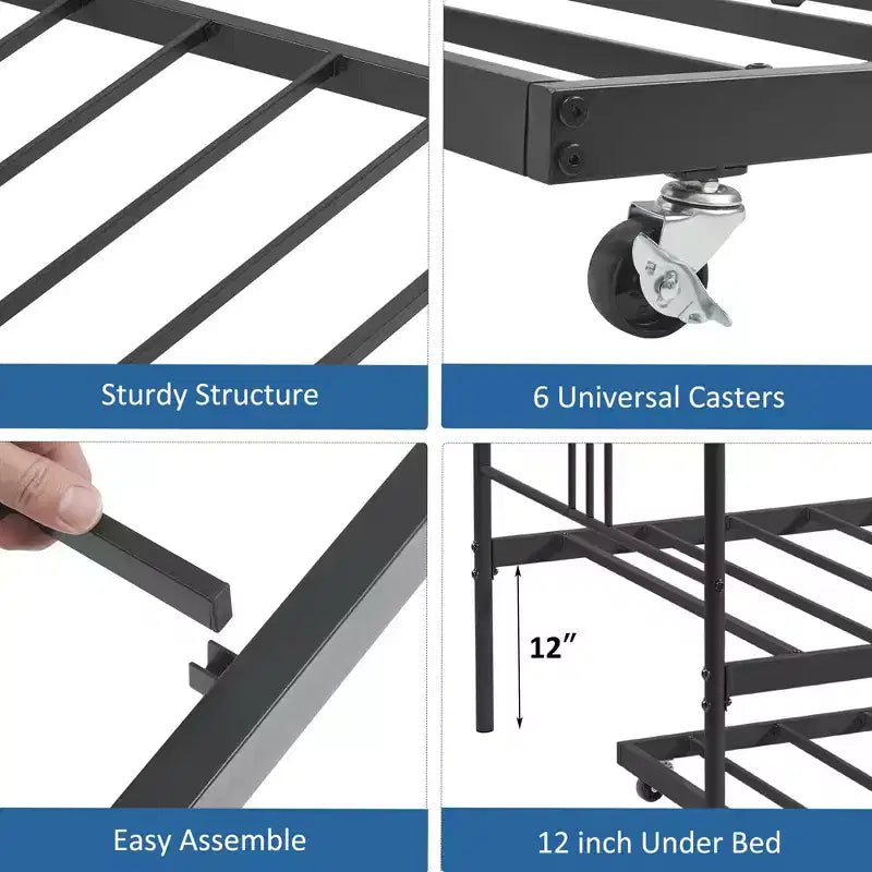 Twin Size Metal Daybed with Trundle, Pull Out Trundle Bed Frame with Arched Headboard, Guest Sofa Bed with Steel Slat Support