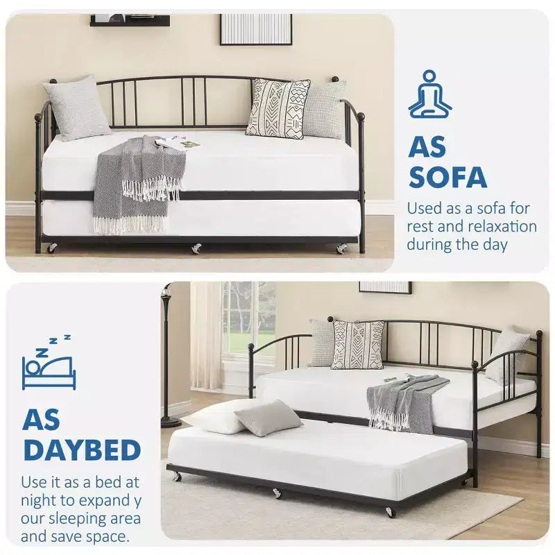 Twin Size Metal Daybed with Trundle, Pull Out Trundle Bed Frame with Arched Headboard, Guest Sofa Bed with Steel Slat Support