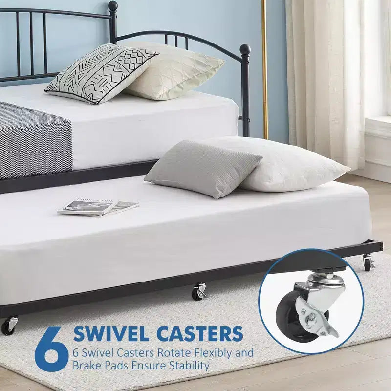 Twin Size Metal Daybed with Trundle, Pull Out Trundle Bed Frame with Arched Headboard, Guest Sofa Bed with Steel Slat Support
