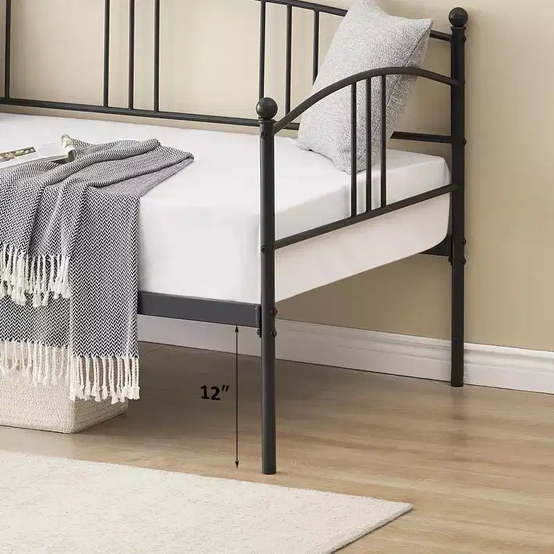 Twin Size Metal Daybed with Trundle, Pull Out Trundle Bed Frame with Arched Headboard, Guest Sofa Bed with Steel Slat Support