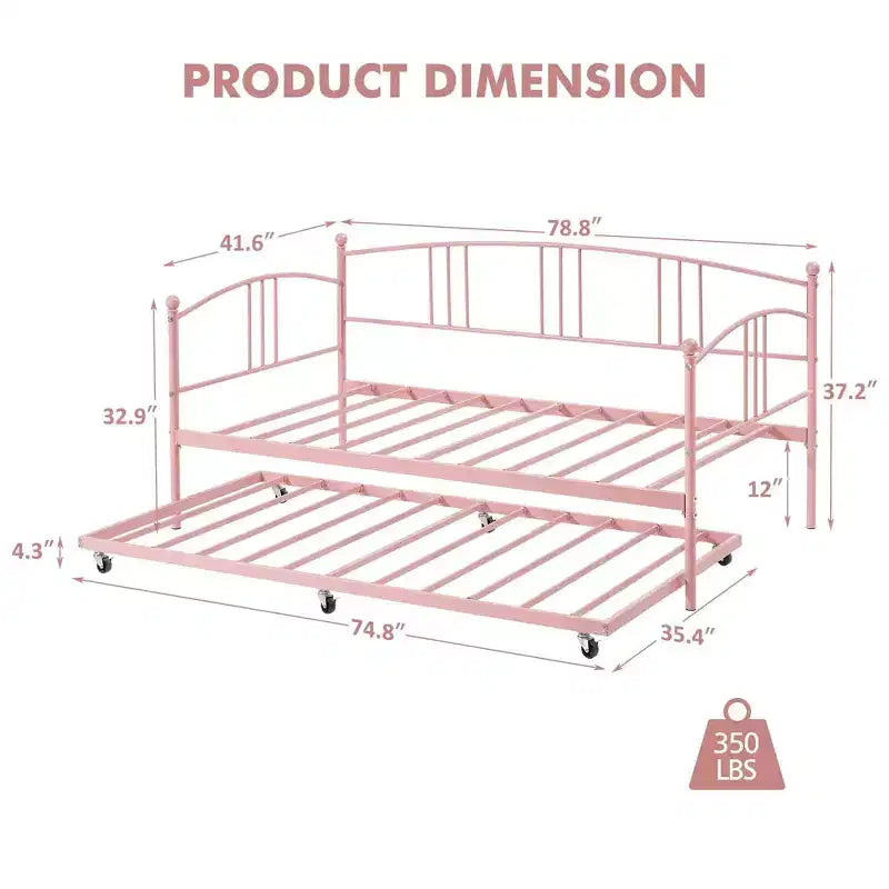 Twin Size Metal Daybed with Trundle, Pull Out Trundle Bed Frame with Arched Headboard, Guest Sofa Bed with Steel Slat Support