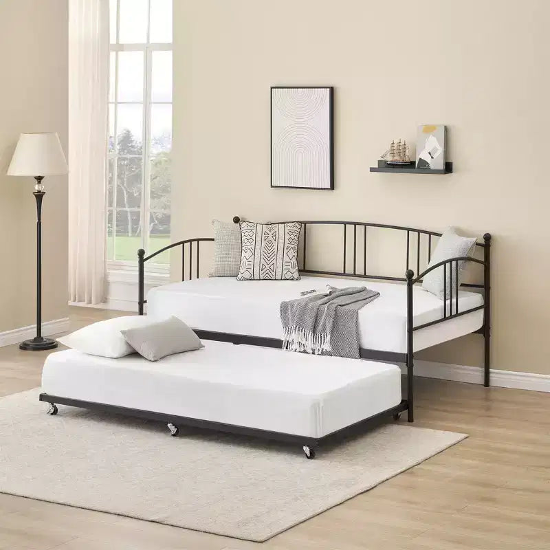 Style with Lit de repos double en métal avec lit gigogne, cadre de lit gigogne extractible avec tête de lit arquée, canapé-lit d'appoint avec support à lattes en acier