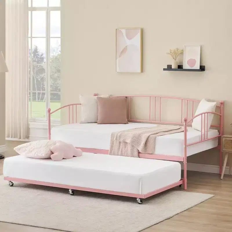 Twin Size Metal Daybed with Trundle, Pull Out Trundle Bed Frame with Arched Headboard, Guest Sofa Bed with Steel Slat Support