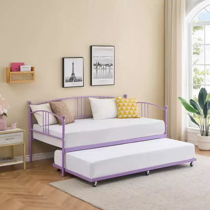 Twin Size Metal Daybed with Trundle, Pull Out Trundle Bed Frame with Arched Headboard, Guest Sofa Bed with Steel Slat Support