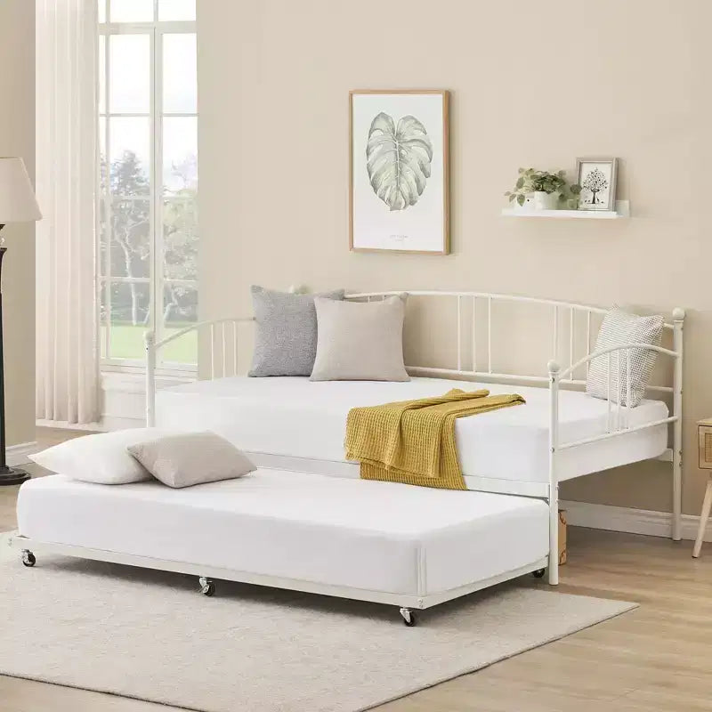 Twin Size Metal Daybed with Trundle, Pull Out Trundle Bed Frame with Arched Headboard, Guest Sofa Bed with Steel Slat Support