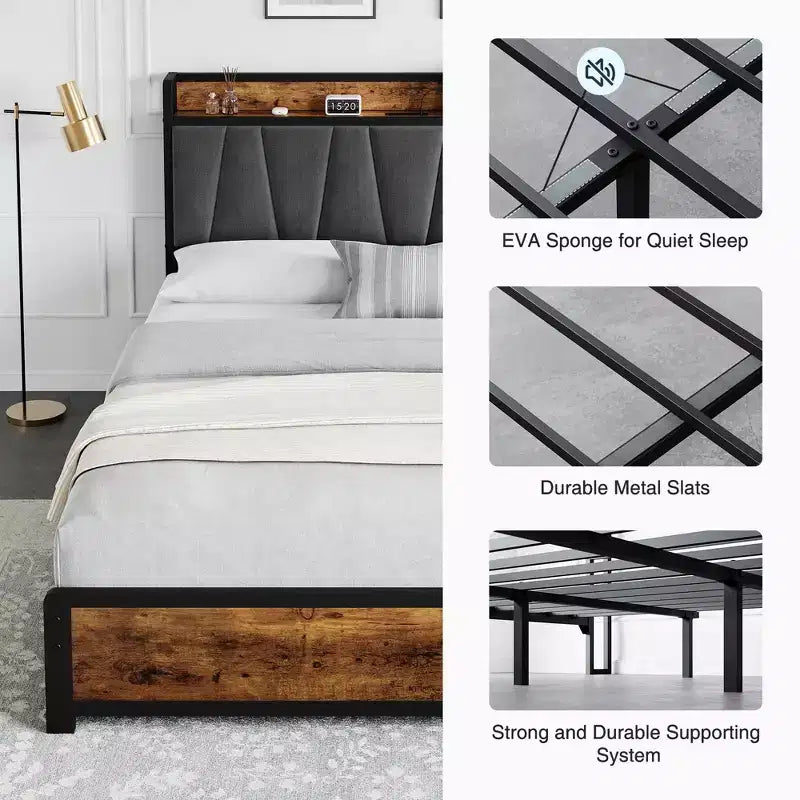 Bed Frame, King Bed Frame - with 4 Storage Drawers, Upholstered Charging Headboard, Heavy Duty Metal Platform, Noise Free (Rustic Brown)
