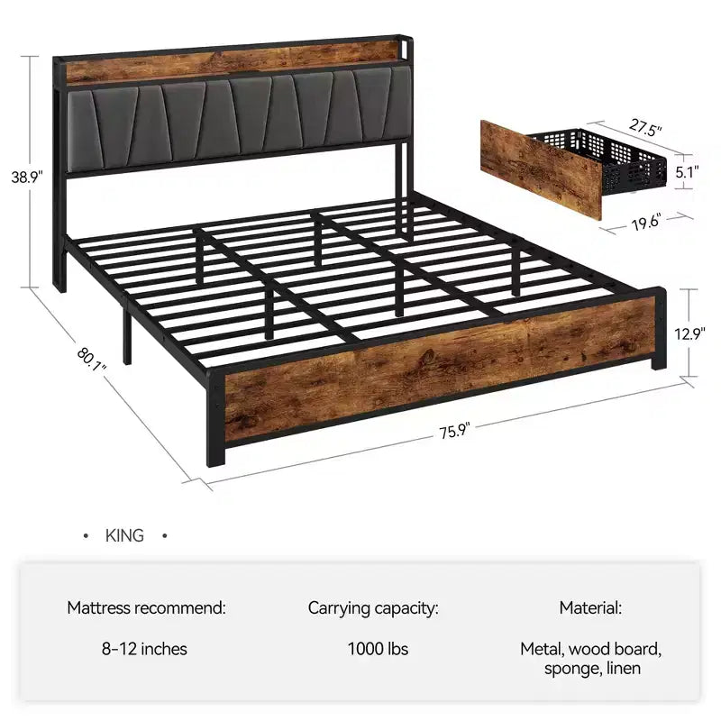 Bed Frame, King Bed Frame - with 4 Storage Drawers, Upholstered Charging Headboard, Heavy Duty Metal Platform, Noise Free (Rustic Brown)