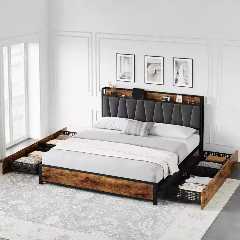 Bed Frame, King Bed Frame - with 4 Storage Drawers, Upholstered Charging Headboard, Heavy Duty Metal Platform, Noise Free (Rustic Brown)