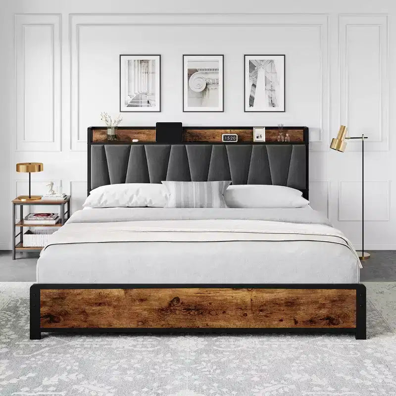 Bed Frame, King Bed Frame - with 4 Storage Drawers, Upholstered Charging Headboard, Heavy Duty Metal Platform, Noise Free (Rustic Brown)