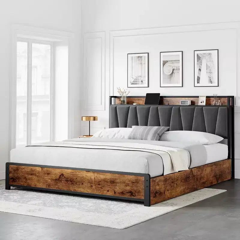 Bed Frame, King Bed Frame - with 4 Storage Drawers, Upholstered Charging Headboard, Heavy Duty Metal Platform, Noise Free (Rustic Brown)