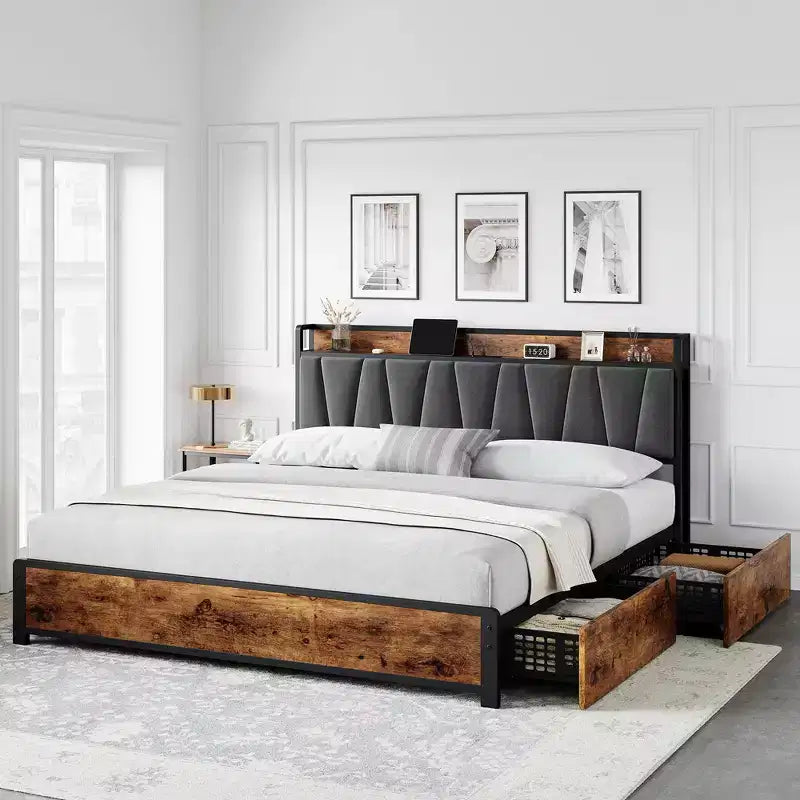 Bed Frame, King Bed Frame - with 4 Storage Drawers, Upholstered Charging Headboard, Heavy Duty Metal Platform, Noise Free (Rustic Brown)