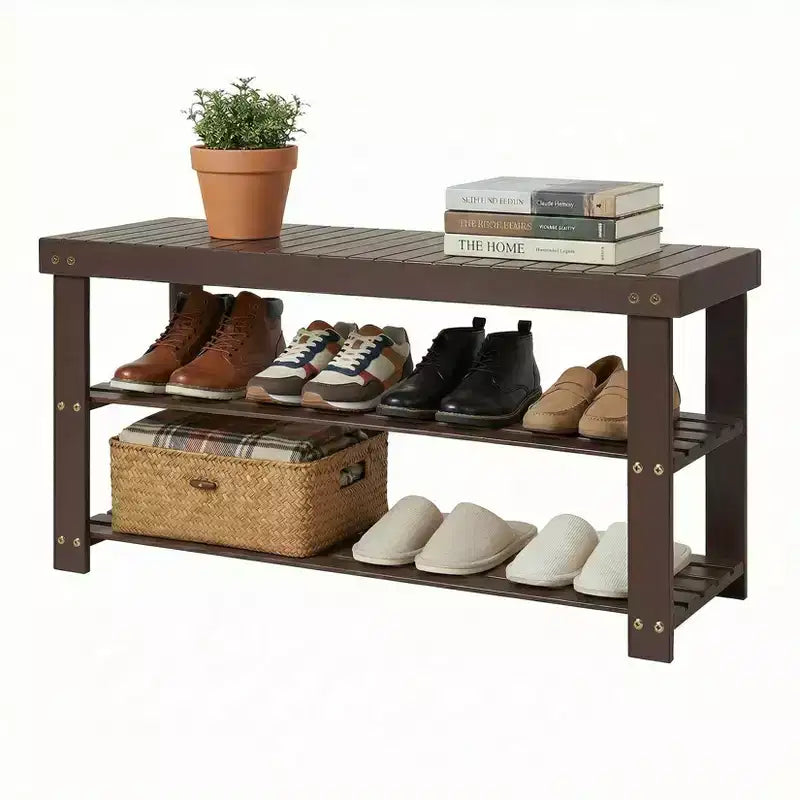 Bamboo 3-Tier Entryway Shoe Rack Storage Bench - Sturdy Shoe Organizer with 286lb Capacity
