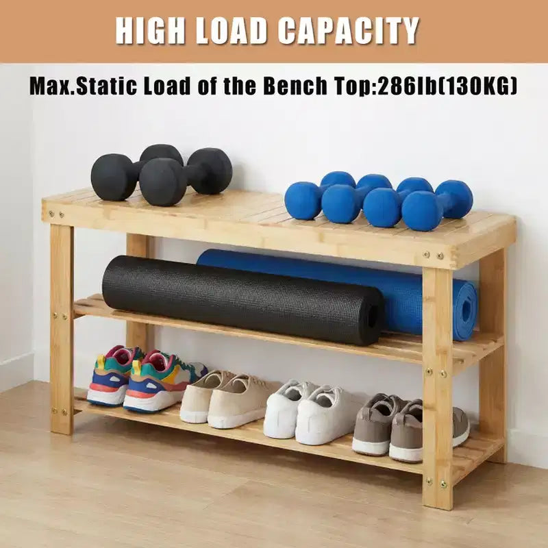 Bamboo 3-Tier Entryway Shoe Rack Storage Bench - Sturdy Shoe Organizer with 286lb Capacity