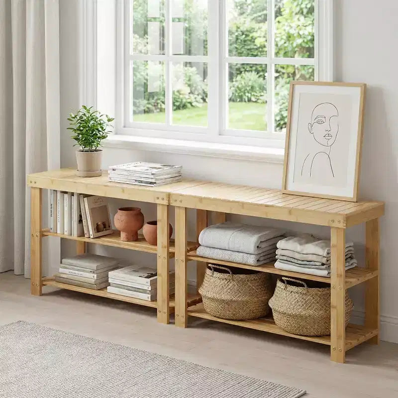 Bamboo 3-Tier Entryway Shoe Rack Storage Bench - Sturdy Shoe Organizer with 286lb Capacity