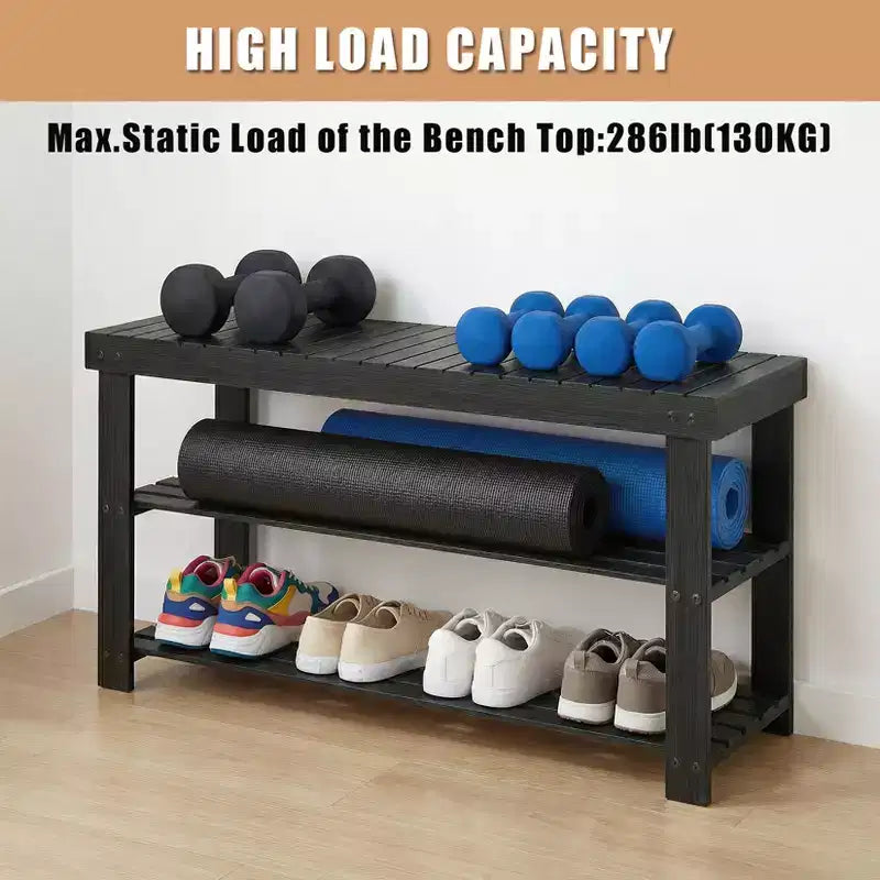 Bamboo 3-Tier Entryway Shoe Rack Storage Bench - Sturdy Shoe Organizer with 286lb Capacity