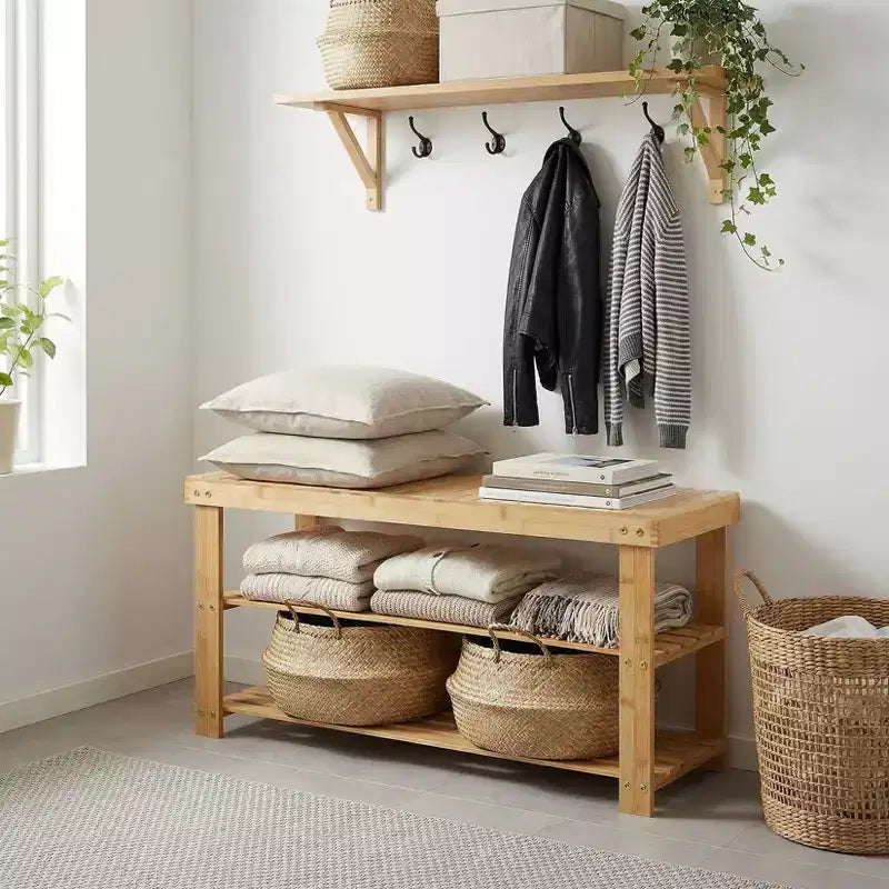 Bamboo 3-Tier Entryway Shoe Rack Storage Bench - Sturdy Shoe Organizer with 286lb Capacity