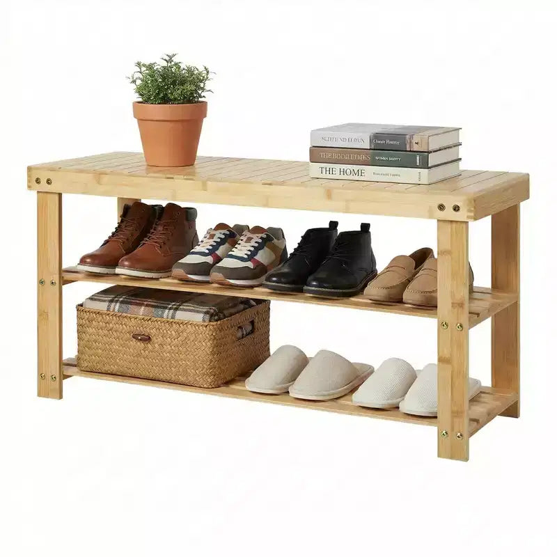 Bamboo 3-Tier Entryway Shoe Rack Storage Bench - Sturdy Shoe Organizer with 286lb Capacity