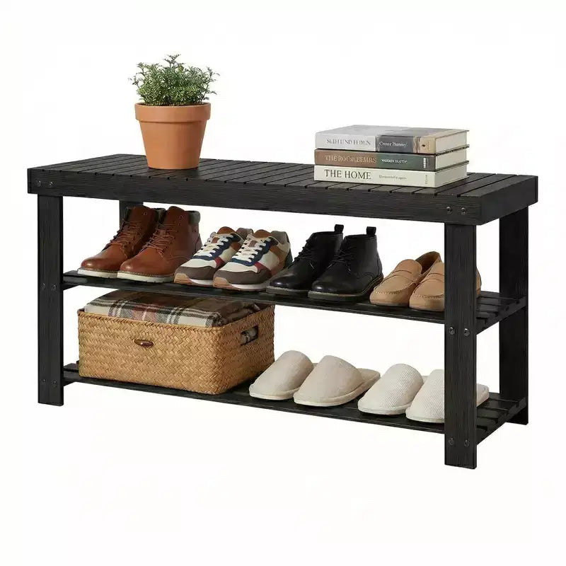 Bamboo 3-Tier Entryway Shoe Rack Storage Bench - Sturdy Shoe Organizer with 286lb Capacity