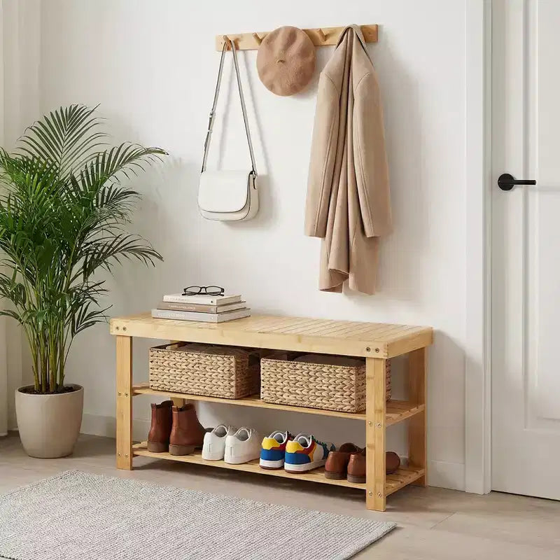 Bamboo 3-Tier Entryway Shoe Rack Storage Bench - Sturdy Shoe Organizer with 286lb Capacity