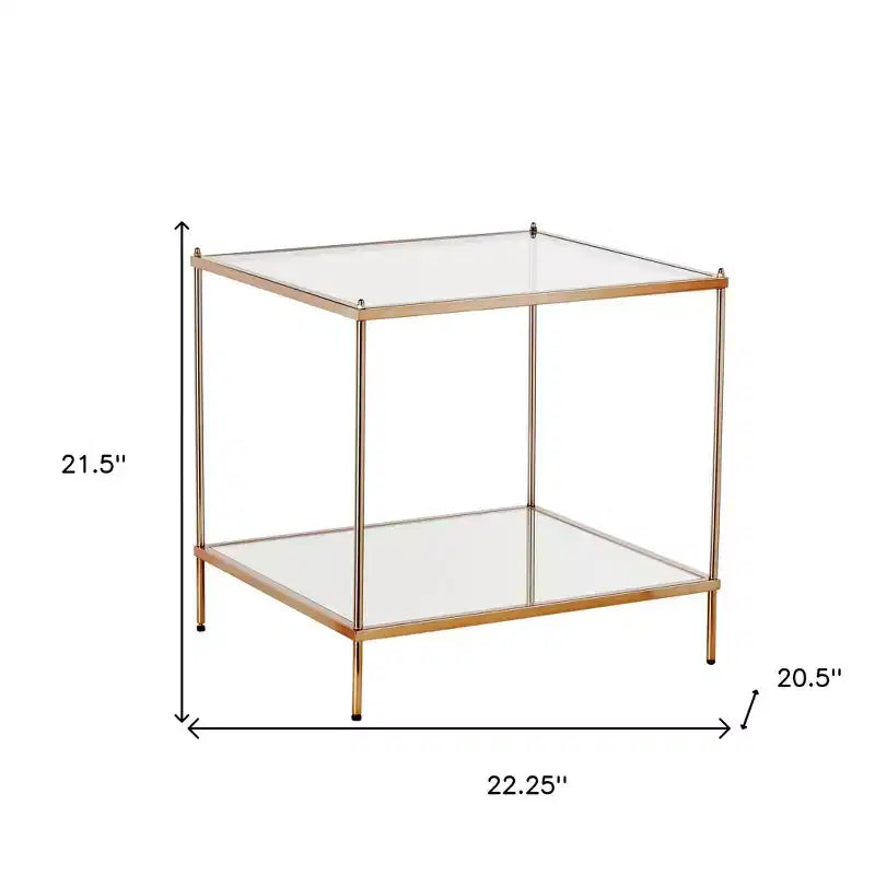 22 Clear And Gold Glass And Iron Square End Table With Shelf