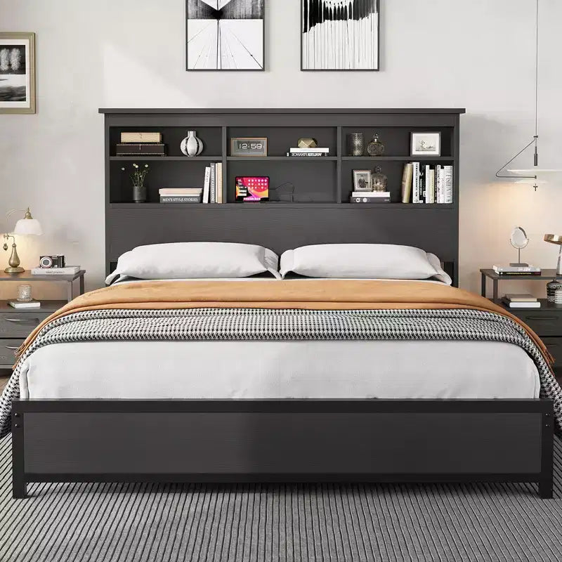 Metal Platform Bed Frame with Bookcase Headboard, USB & Charging Station, Underbed Storage, No Box Spring Needed