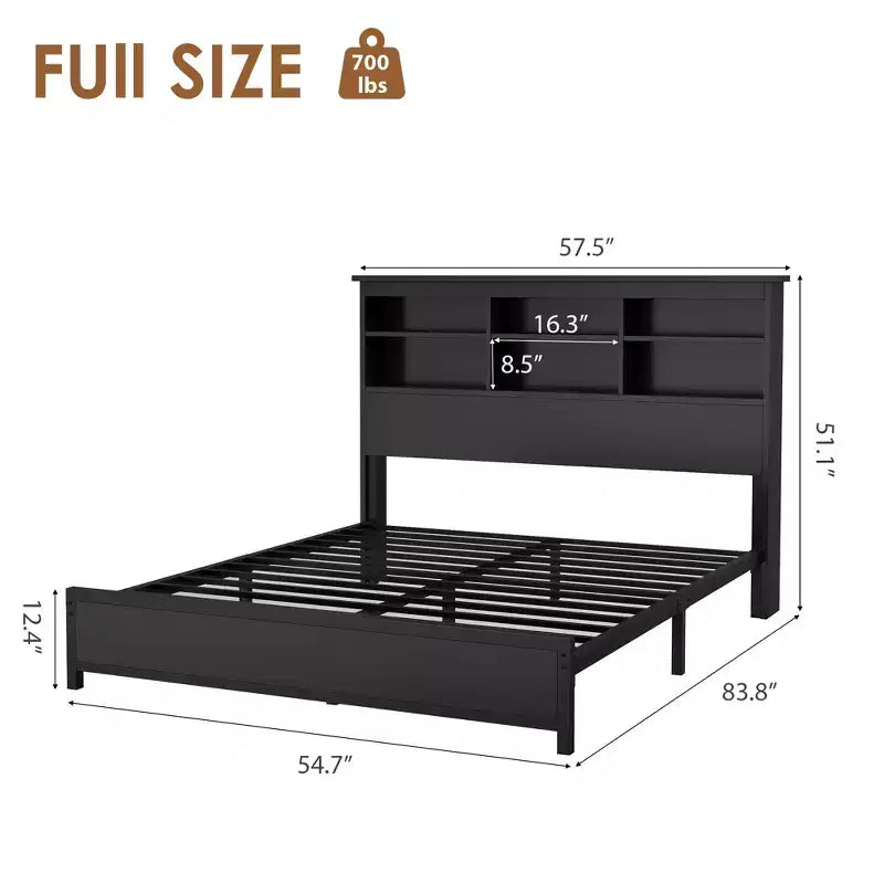 Metal Platform Bed Frame with Bookcase Headboard, USB & Charging Station, Underbed Storage, No Box Spring Needed