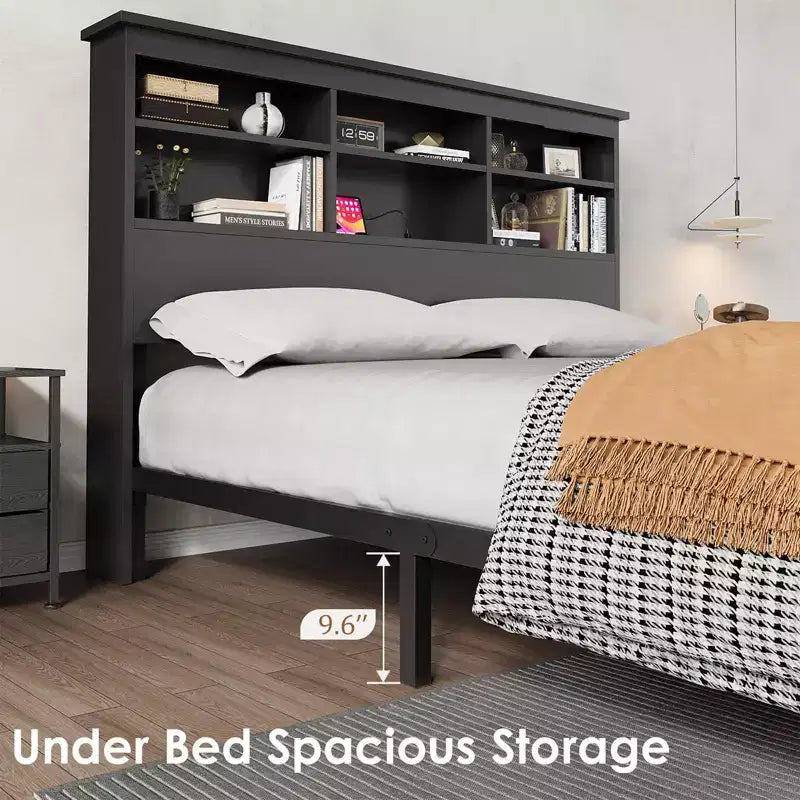 Metal Platform Bed Frame with Bookcase Headboard, USB & Charging Station, Underbed Storage, No Box Spring Needed
