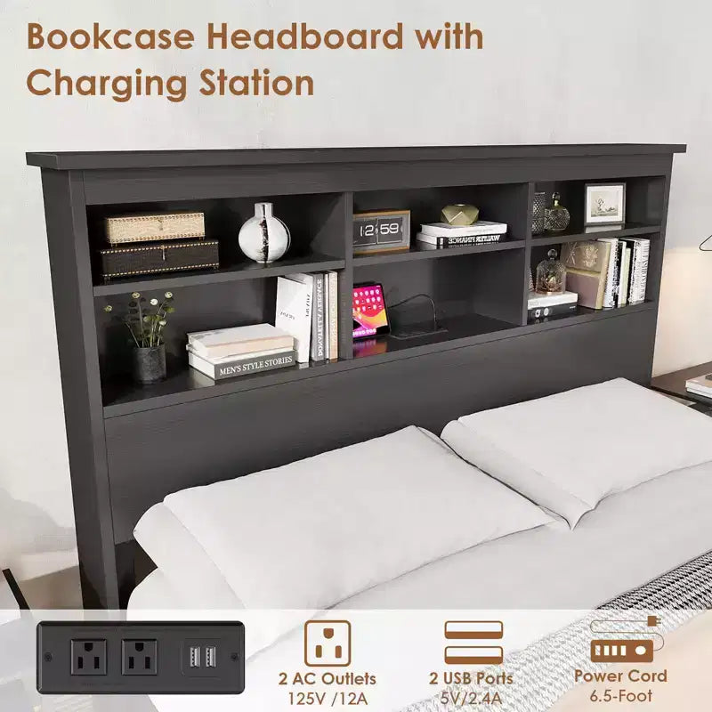 Metal Platform Bed Frame with Bookcase Headboard, USB & Charging Station, Underbed Storage, No Box Spring Needed