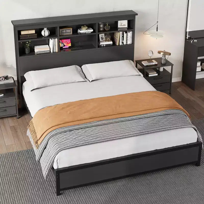 Metal Platform Bed Frame with Bookcase Headboard, USB & Charging Station, Underbed Storage, No Box Spring Needed