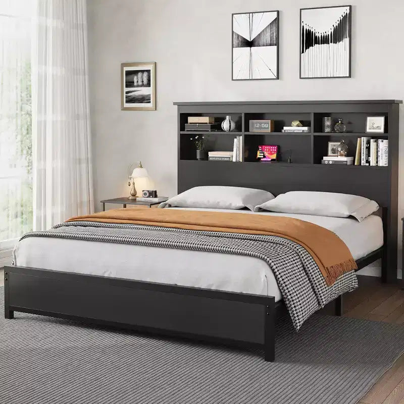 Metal Platform Bed Frame with Bookcase Headboard, USB & Charging Station, Underbed Storage, No Box Spring Needed
