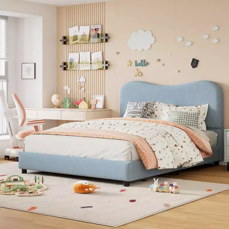 Soft Upholstered Kids Bed Frame, Twin Size, Low Profile, Strong Wood Slats, No Box Spring